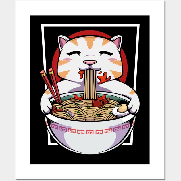 Cat - Cute Kawaii Noodle Soup Eating Kitty Wall Art by Lumio Gifts